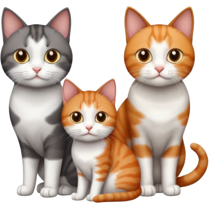 3 different coloured tiny short haired cats, including a dark grey and white cat, and a dark brown tabby and white and a ginger and white emoji
