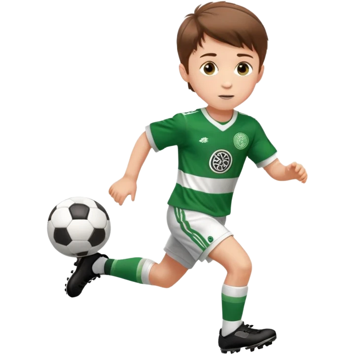 Celtic footballer jersey logo  6 years old brown hair white boy , brown eyes , stripes uniform , RUNNING  with soccer ball is number  17 celtic football logo  ONE CELTIC LOGO ONLY white shorts emoji