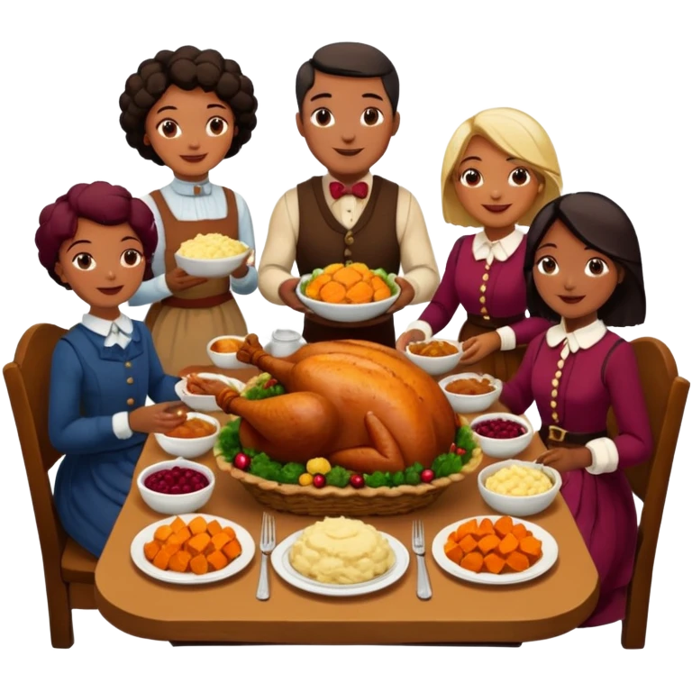Thanksgiving Dinner with 10 people of different skin color around the table; have the food be a cooked turkey, mashed potatoes, corn, a basket of biscuits, a small bowl of cranberry sauce, baked yams, steamed vegetables, and a bottle of wine. emoji