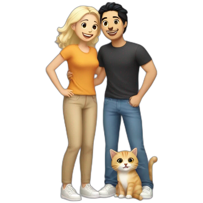 Gay couple, 1 Latino black hair and 1 Australian blonde hair with a cat in the middle laughing full body emoji