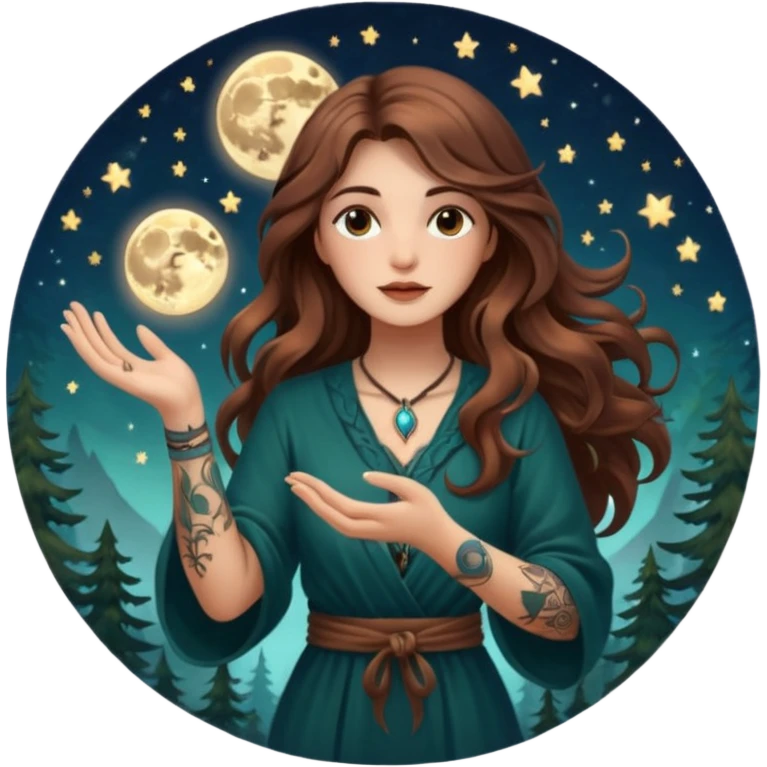 forest mystic woman long wavy brown hair tattoos catching falling moon spark in hands emoji