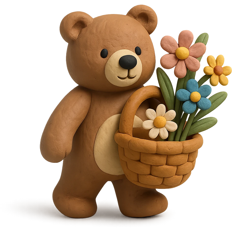bear carrying a basket of wildflowers, soft pastel brown and cream, matte plasticine claymation style with visible fingerprints emoji