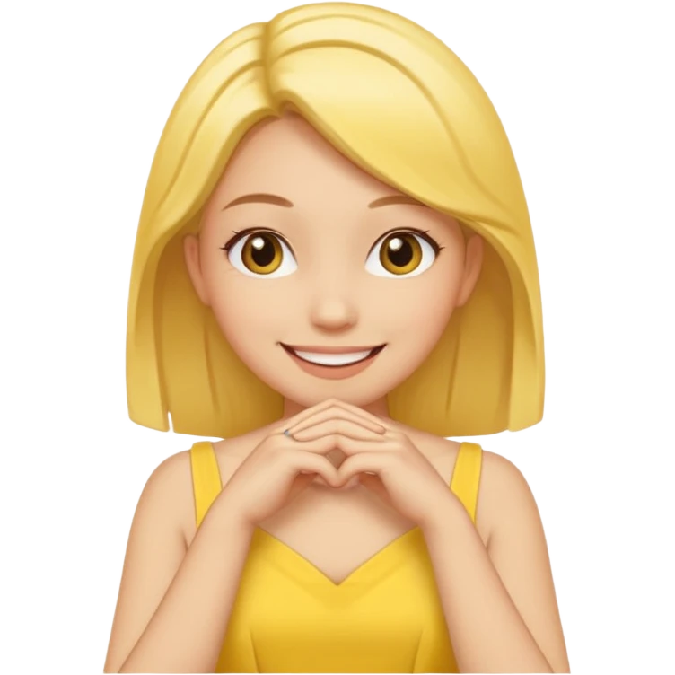 yellow smiling face girl with both hands flat under chin fingers touching emoji