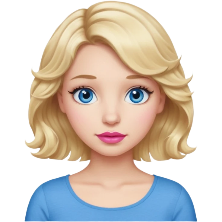 Girl Blonde short wavy hair,  blue eyes, cute blue top, long lashes, pink lips,  emoji