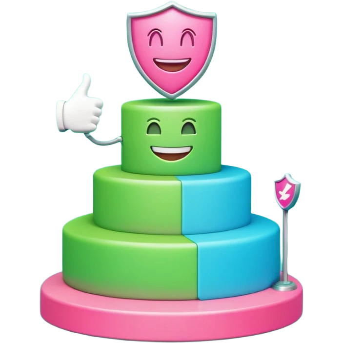 Minimalist 3D emoji-style podium with 2 steps on a green chroma key background. Step 1 (higher) features a handshake icon with blue neon glow. Step 2 (lower) features a smiling tooth with a shield icon and pink neon glow. Clean rendering, soft colors, uniform lighting. emoji