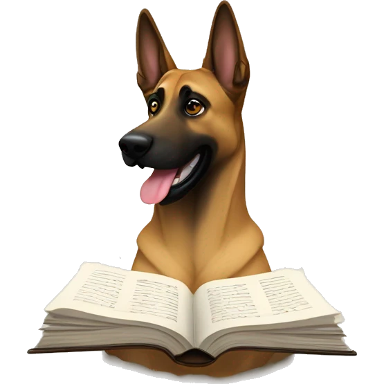malinois prends des notes avec un livre emoji