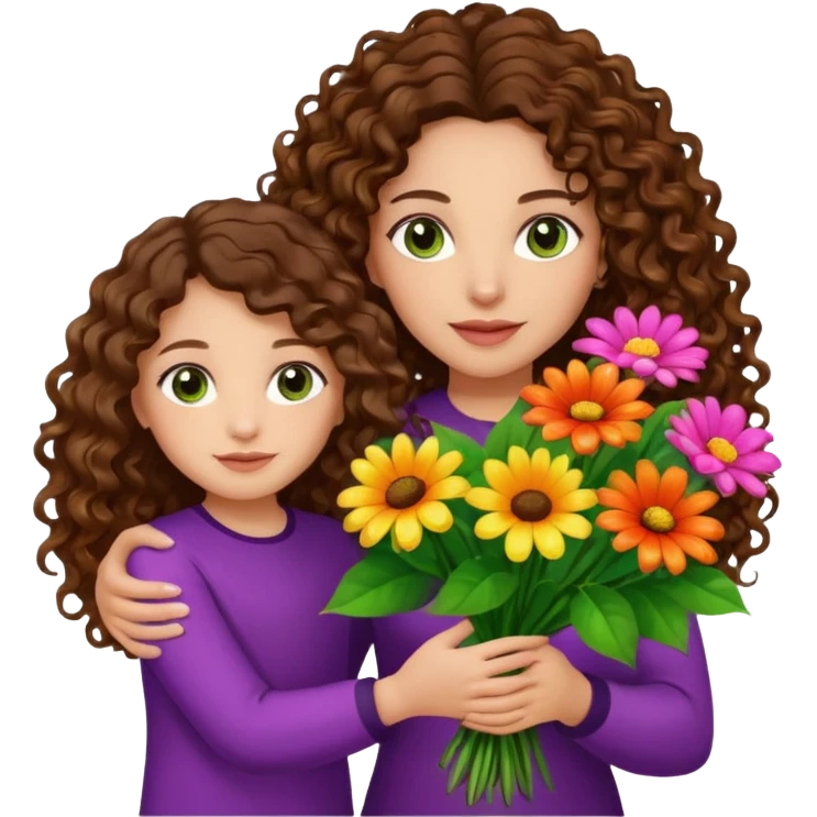 light skinned brunette long curly haired woman with green/hazel eyes holding big bright bunch of flowers with one hand and daughter's hand (also with long brown curly hair) in other. White background. emoji