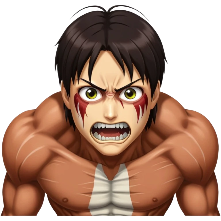 Eren's Attack Titan form from Attack on Titan, muscular with long dark hair and exposed teeth emoji
