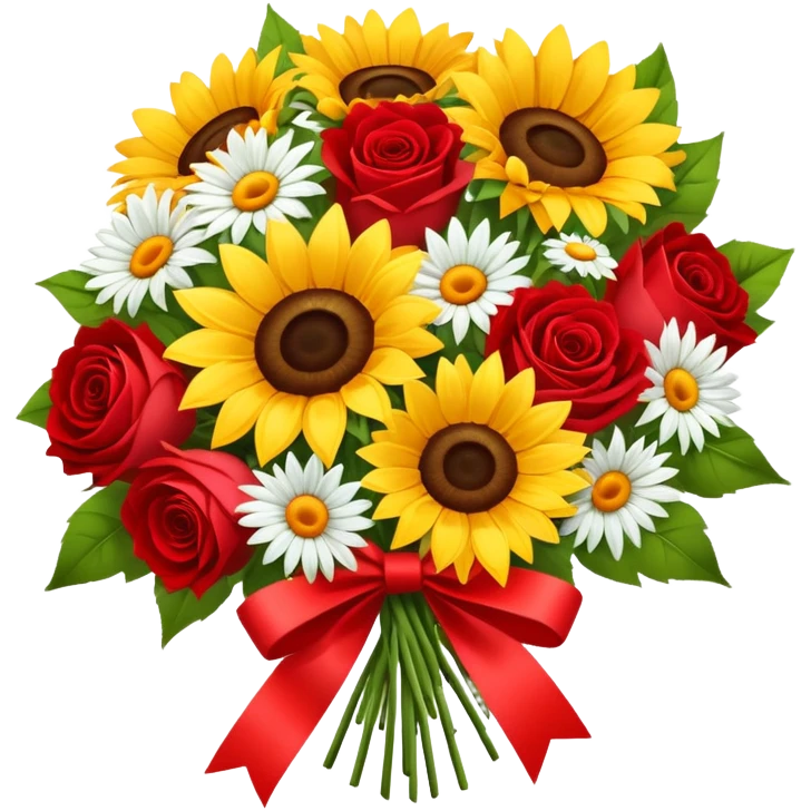 Sunflowers and daisy bouquet with red roses, soft, tied with red ribbon emoji