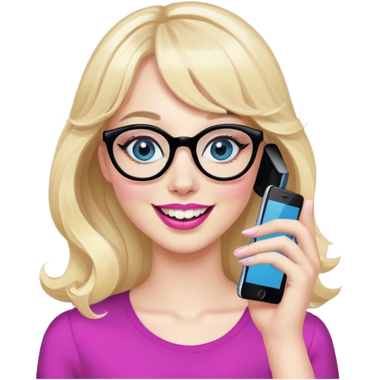 Pin up Woman with pale skin, wider face, blue eyes with eyeliner, thin eyebrows, long black eyelashes, pink lipstick, blonde wavy hair with bangs, wearing black glasses. Laughing on a mobile phone and waving  emoji