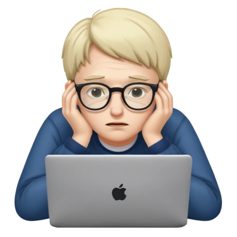 tired student with laptop, slumped over, window at night behind emoji