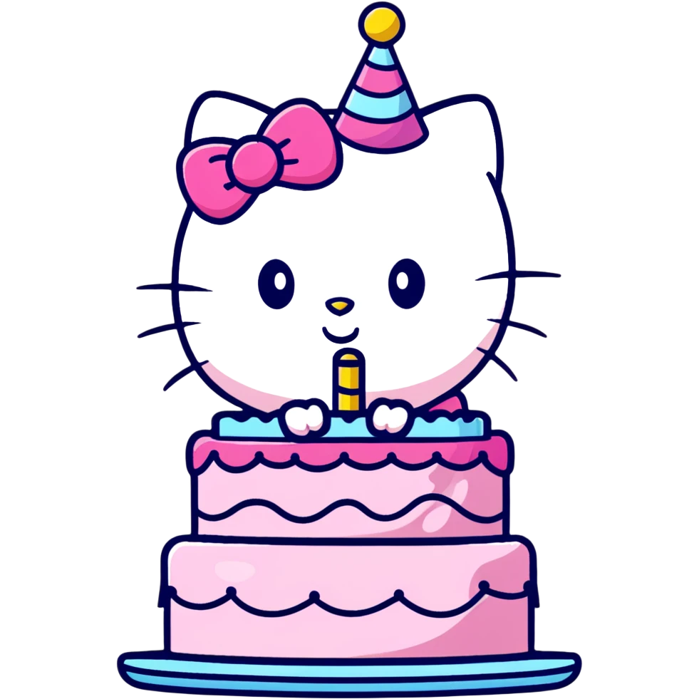chaotic birthday message, Hello Kitty, It's Always Sunny in Philadelphia, caffeine, nicotine, weed, huge birthday cake, confetti, stickers, and wild doodles everywhere emoji