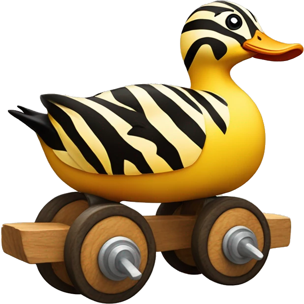 Yello Duck with tiger stripes on wooden wheels like from the book janosh. Point of view from the side emoji