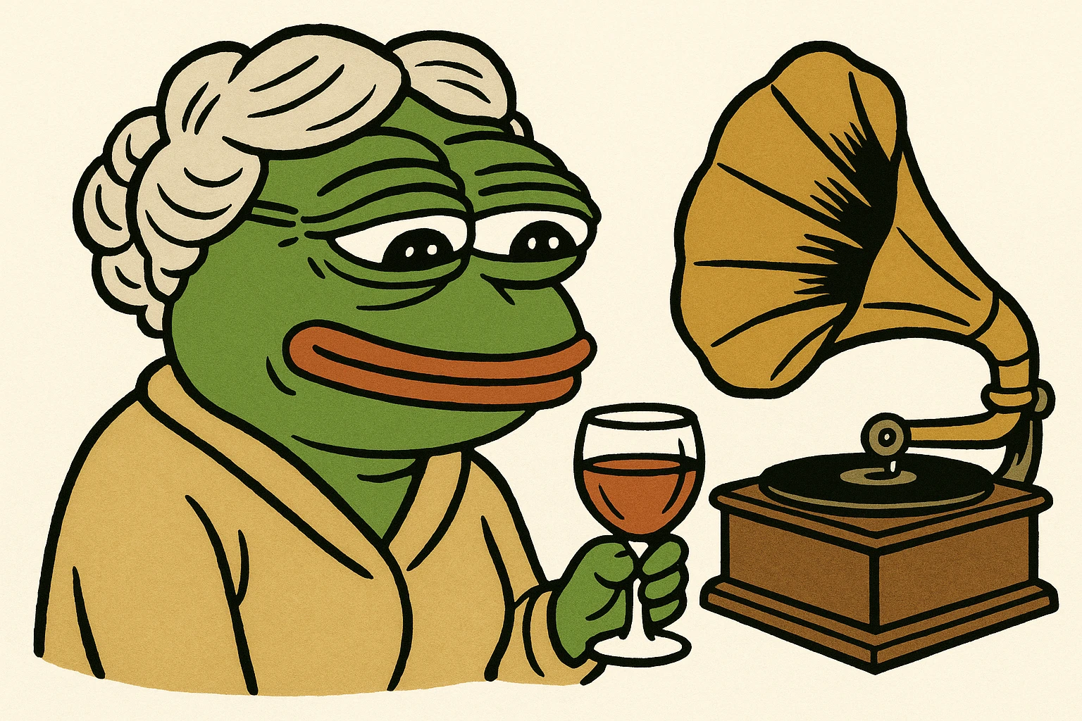 old lady with wineglass listening to gramophone emoji