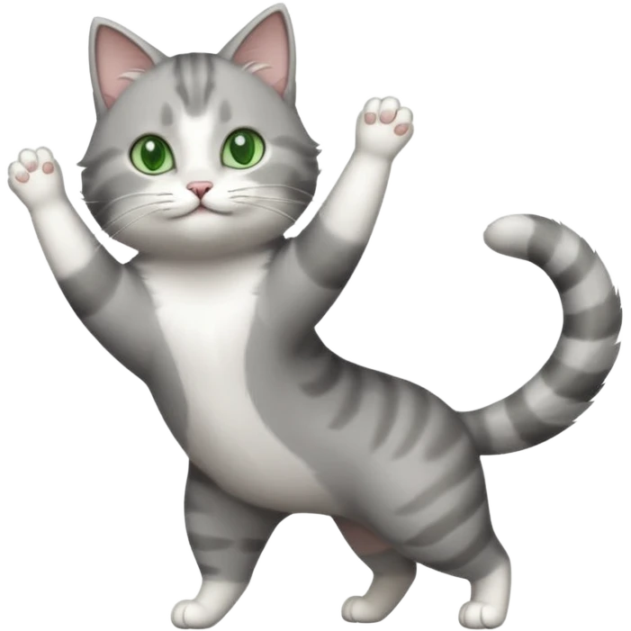 grey and white cat with green eyes doing a big extremely long stretch reaching up into the air with arms and legs side by side together straight and overextended emoji