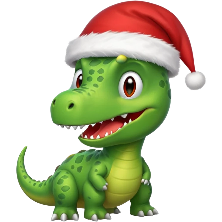 happy green dino wearing santa hat emoji