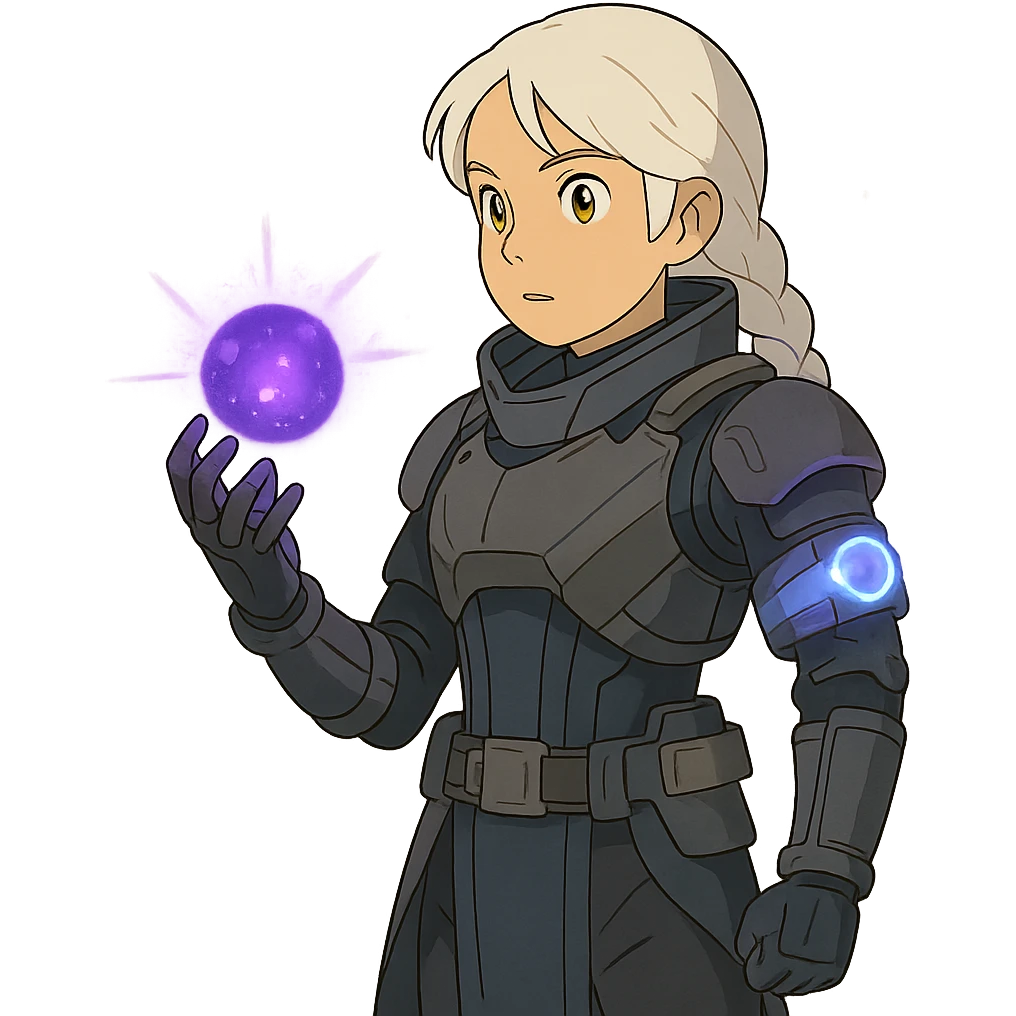 1 female, white hair long braid, gold yellow eyes, no helmet, a novice warlock from Destiny 2 armor, charging a void grenade in her hand, futuristic technology, with a glowing warlock bond, level 1 warlock emoji