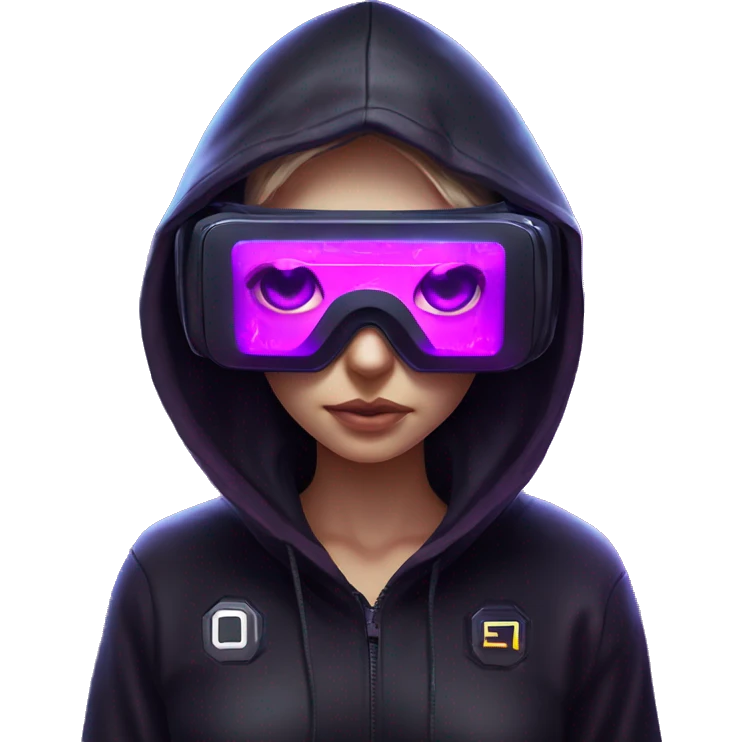Russian girl wearing black hoody with violet letters "OMG", in vr headset. Cyberpunk style. Violet neon. emoji