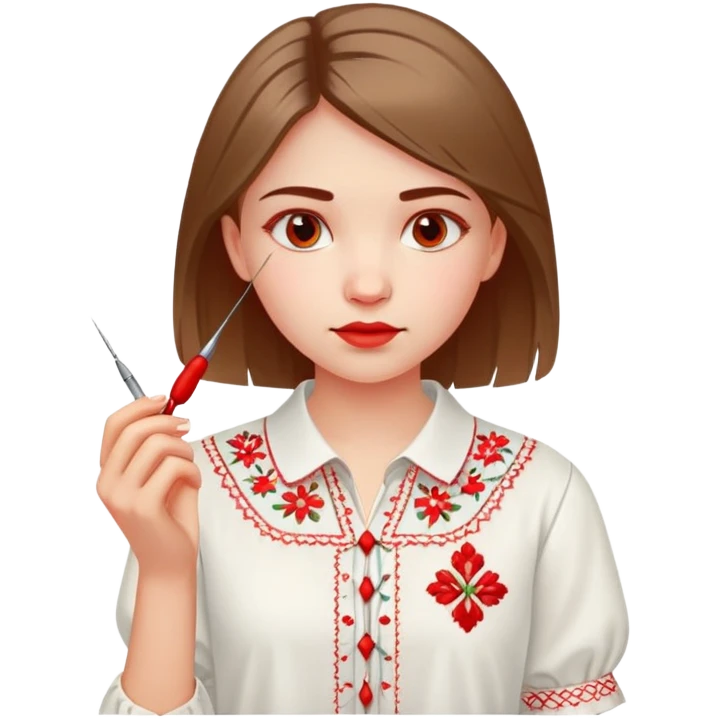 A young Ukrainian girl in a white embroidered shirt holds a red thread and a needle in her hand emoji