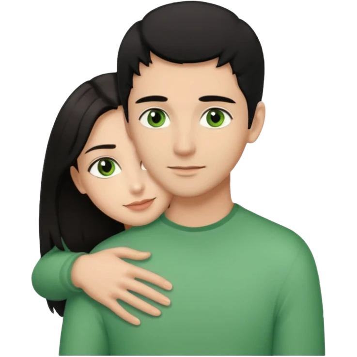 Woman  with brown eyes and black hair hugging a man with green eyes and light brown hair emoji