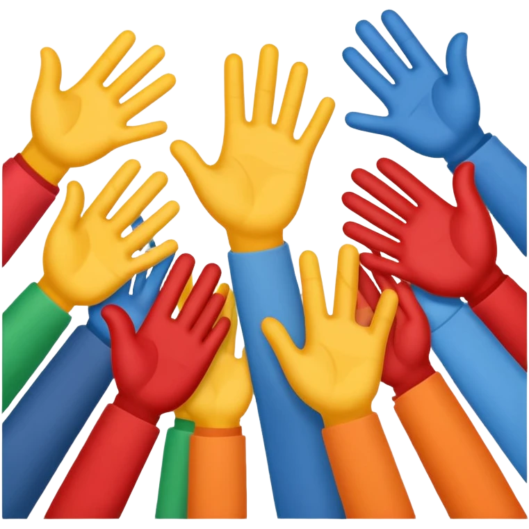 Emoji-style icon showing several diverse hands high-five together, symbolizing unity and team spirit. Flat minimal Apple-style emoji, bright colors, white background, soft shadows. emoji