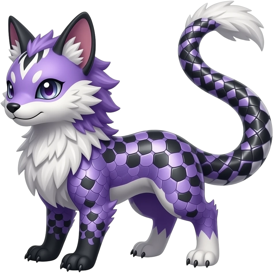 Grunge-patterned cube-patterned feathery elegant realistic Furry, feathery fluffy tropical flecked painted feathery scaly, Purple, white, black, Minccino-Bambino-Lykoi-Linoone-Zangoose-fusion-hybrid-animal-Fakémon-creature, full body, thin long sleek scaly tail, intricate markings emoji