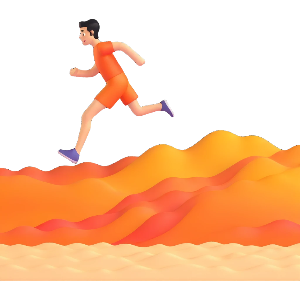 person running with high steps across scorching hot beach sand with heat waves rising emoji