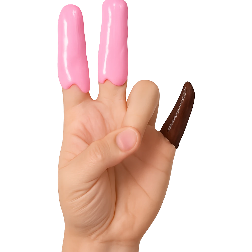 index and middle fingers pointing up, ring finger bent, little finger pointing up. index and middle fingers in pink icing, little finger in chocolate icing emoji