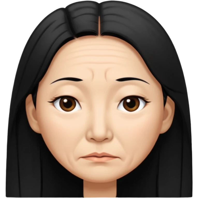 50 yr old asian woman, straight thick long black hair, big black, side part, tired emoji