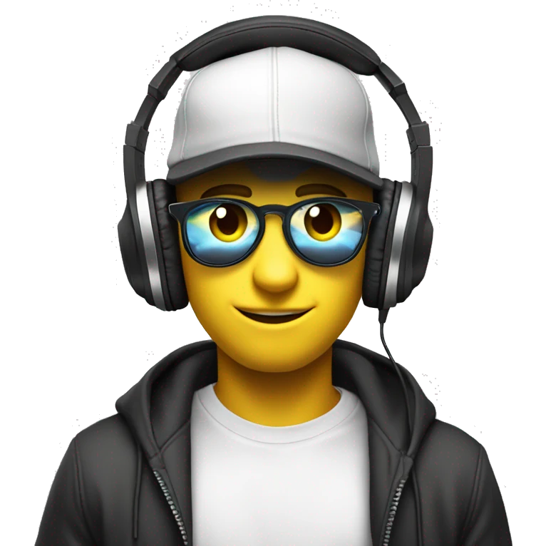 make a yellow circled classic emoji face that has a lot of swag with a snapback hat and headphones on listening to edm and put him on white backgrond, and make sure he is really into what he is listening to emoji