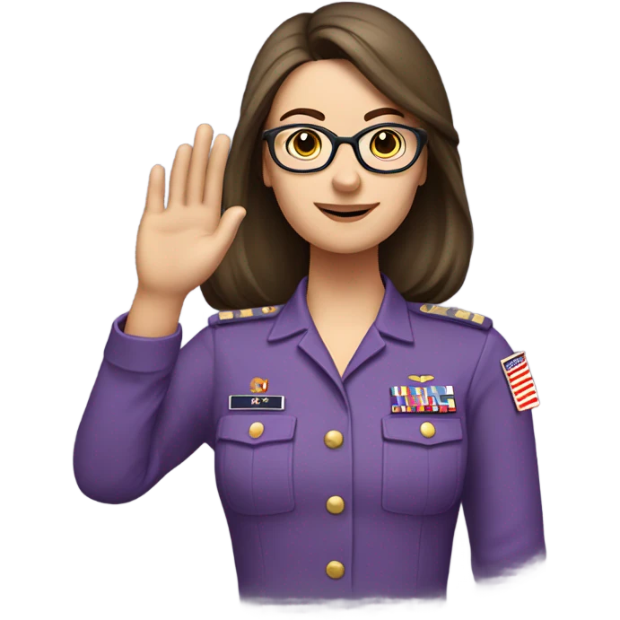 a caucasian brunette female, wearing a purple shirt and glasses, making the military salute gesture with her hand next to her head emoji