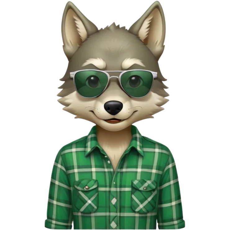 friendly anthropomorphised wolf in green plaid shirt and green attire for St. Patrick's Day, wearing dark sunglasses, upright pose emoji