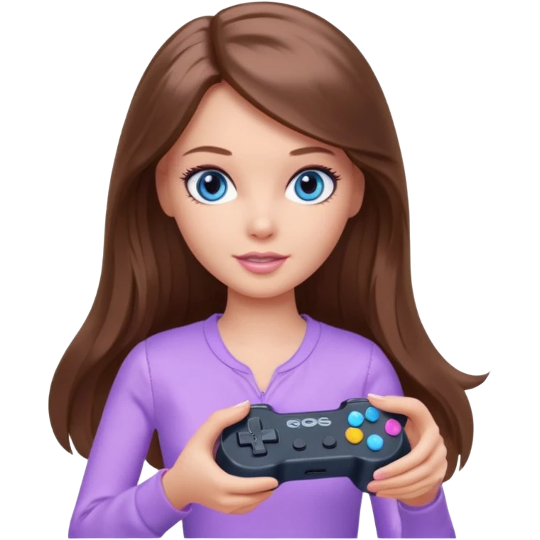 beautiful barbie girl with long brown hair, blue eyes and wearing light purple clothes playing console games with controller emoji