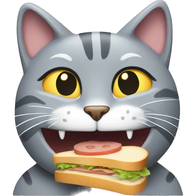 Grey cat bites a sandwich teeth showing emoji
