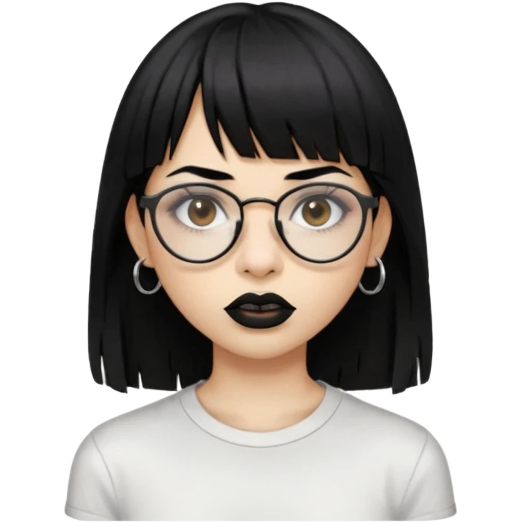 uma mulher snapchat icon, cor da pele normal, cabelo preto liso solto grande com franja vegana, curta, óculos pretos, com piercing na boca e nariz, olhos castanhos, camisa branca, a tela de fundo branca, coloque um piercing, um metal na boca e no nariz, cicatriz na sobrancelha, cor da boca preto,  emoji