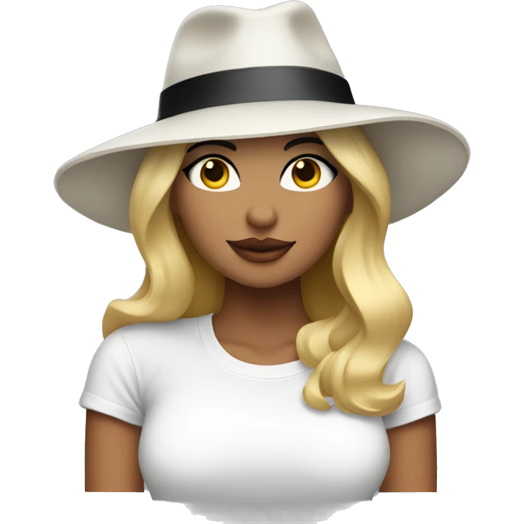 blonde woman wearing an oversized glitter white tshirt and black fedora emoji