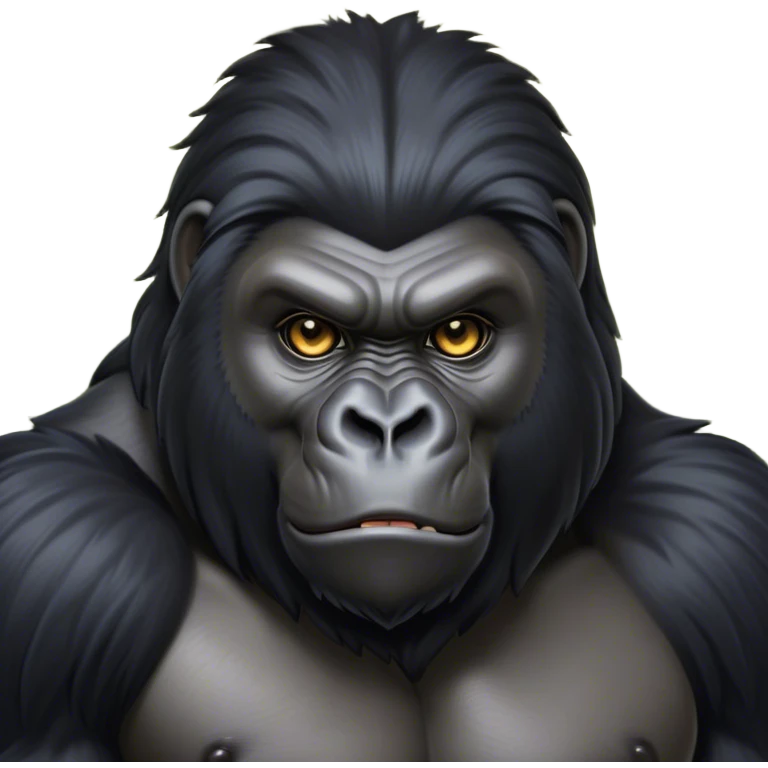 Cinematic Noble mountain Gorilla Portrait Emoji, Poised and majestic, with a powerful, muscular frame accentuated by a distinguished black and grey mane and piercing, wise eyes, Simplified yet sharp and sophisticated features, highly detailed, glowing with a soft, regal jungle glow, high shine, intelligent and commanding, stylized with an air of imperial strength, focused and resolute, soft glowing outline, capturing the essence of a watchful guardian that feels as though it could step out of the screen with effortless authority! emoji
