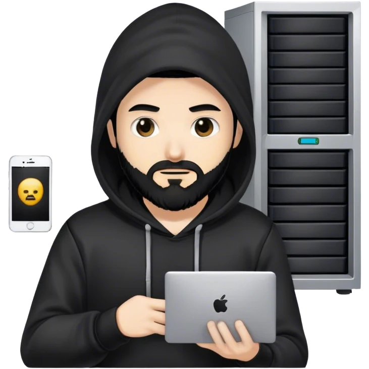 hackeur blanc cheveux noir barbe et capuche noir à côté d'un server emoji