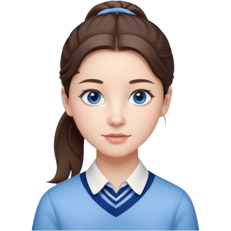 Realistic Student Portrait, with porcelain-like skin featuring a natural rosy flush, illuminated by soft lighting that highlights the gentle contours of her face. Her Brunette pony tail hair flows in soft, Her deep blue eyes radiate warmth and innocence,  wear light blue preppy style. emoji