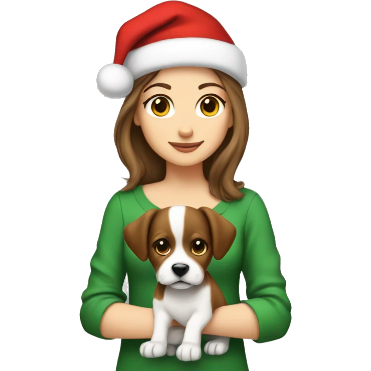 Brown hair white girl with a Christmas hat on with a puppy emoji