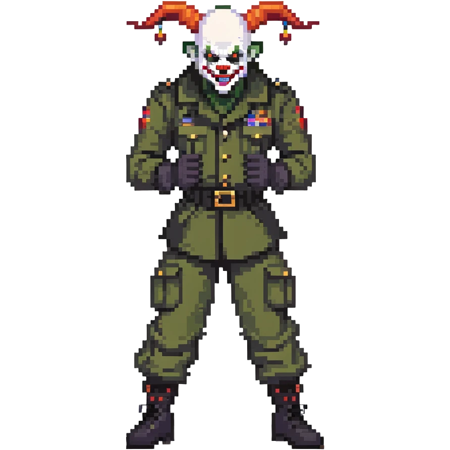 evil clown soldier, bald, short black devil horns on forehead, fangs, pointed ears, black and military green clothes with bellbottom pants, realistically proportioned, less bulky, full body, fighting stance emoji