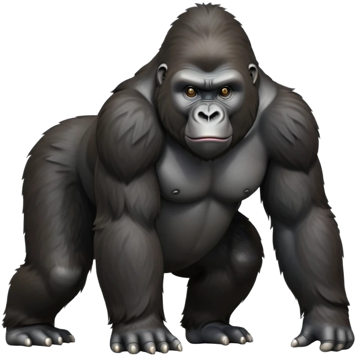 cinematic-gorilla-realistic-full-body-on-all-fours-emoji,-exuding-strength,-thick-dark-fur-in-the-light,-head-tilted-dramatically,-deep-friendly-eyes-filled-with-intense-intelligence,-simplified-yet-realistic-focused-features,-highly-detailed, zoomed out friendly  emoji