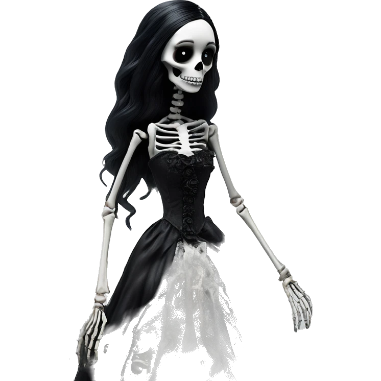 full height skeleton, tim burton "corpse bride", thin porcelain doll with a cracked face, goth makeup watery eyes, long hair, lace and ruffles, lolita style, inked, black and white, red roses, gothic castle with roses emoji