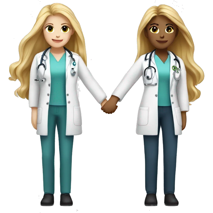 Two light skinned female doctors with long blonde hair and light eyes holding hands emoji