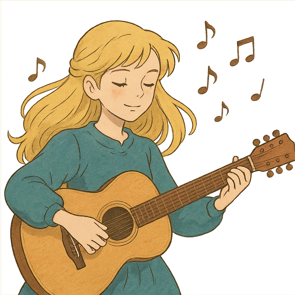 ghibli style illustration of a beautiful blonde girl playing guitar with music notes in the air emoji
