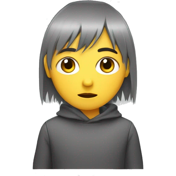 Persona de flequillo que cubre su cara dejando ver sus ojos, coleta, de cabello rojizo y polera manga corta gris con una cara amarilla con ojos en forma de equis y la boca triste emoji