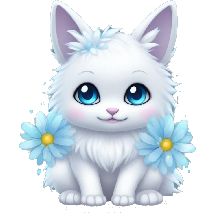 Edgy Cute Cool Kawaii gorgeous sparkly ethereal white fantasy animal creature with blue eyes furry sona with flowers and butterflies beautiful aesthetic emoji