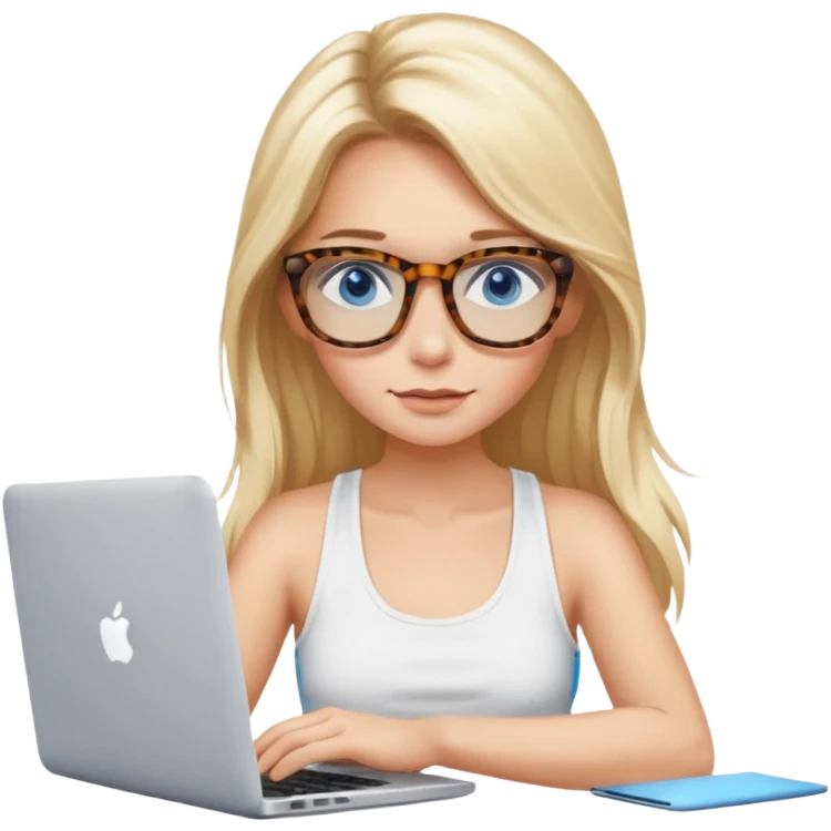 long blonde hair woman blue eyes with tortoise shell print glasses wearing white tank top on mac book  emoji