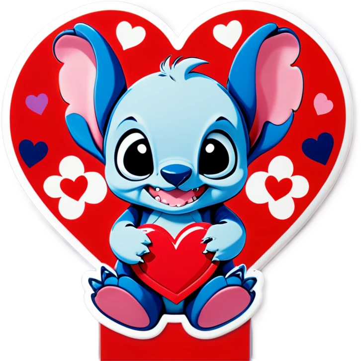 The character stitch with kittens all around him and hearts emoji