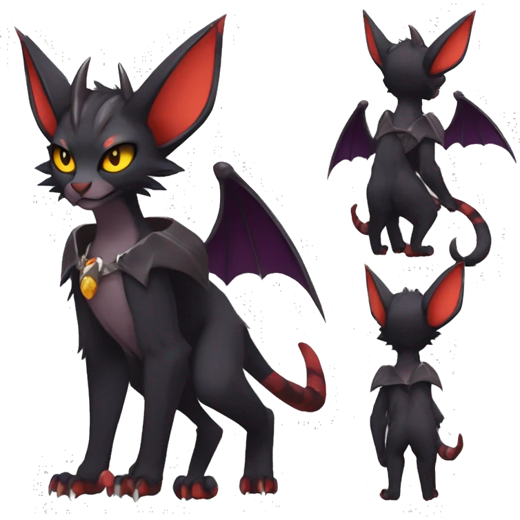 Black cool vampiric anime style Noivern-Litten-Lykoi-Caracal-Fakemon with big bat ears full-body emoji
